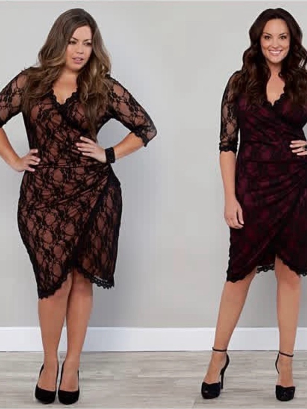 Kiyonna Burgundy Midi Gigi Cinch Dress with Black Lace Overlay Woman size 10-12